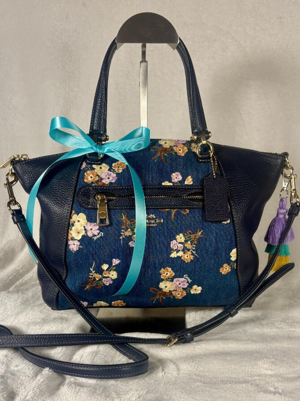 Coach Prairie Satchel with Painted Floral Denim with Charm